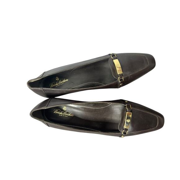 Brooks Brothers Block Heel Pumps Womens 7.5 Brown Leather Gold Bar Shoes‎ - Picture 2 of 6